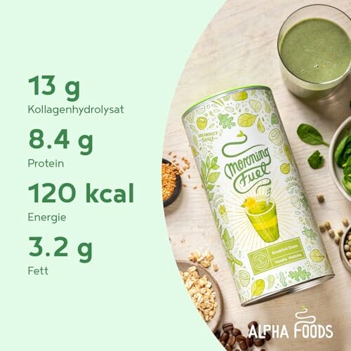 Alpha Foods Morning Fuel mit Nährwertangaben für Kollagen, Protein, Energie und Fett.