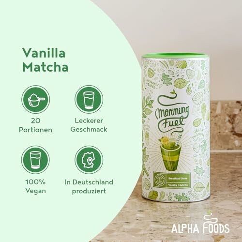 Dose mit Vanille-Matcha-Pulver auf einer Küchenarbeitsplatte