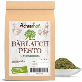 Packung Bärlauch Pesto Gewürzzubereitung mit Schüssel voller Gewürz.