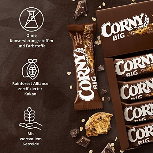 Corny Big Schokoriegel mit Zertifizierungen und Zutaten.