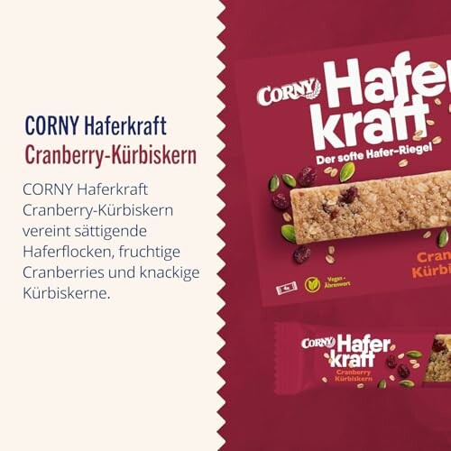 Corny Haferkraft Cranberry-Kürbiskern Riegel und Verpackung