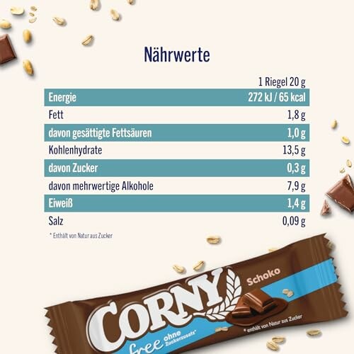 Nährwertangaben für Corny Schoko Riegel.