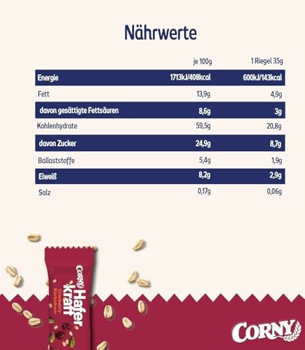Nährwertangaben für Corny Haferkraft Riegel.