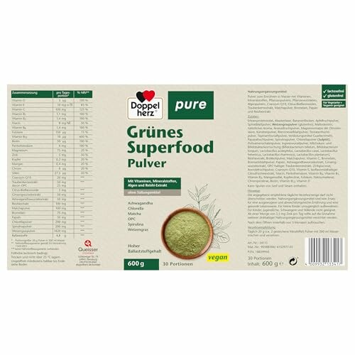 Verpackung von Doppelherz Grünes Superfood Pulver mit Nährwerttabelle.