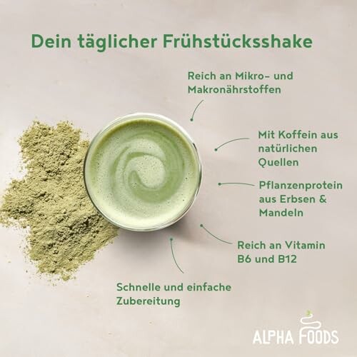 Täglicher Frühstücksshake mit grünem Pulver und Getränk.