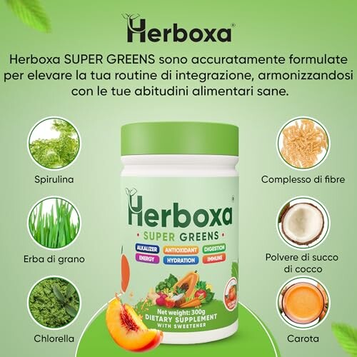 Herboxa Super Greens Nahrungsergänzungsmittel mit Spirulina und Chlorella.