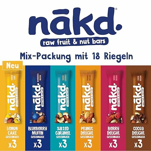 Verpackung von Nakd Riegeln mit verschiedenen Geschmacksrichtungen.