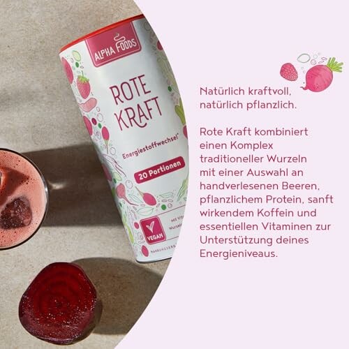 Verpackung von Rote Kraft Energy-Drink mit Glas und Pulver.