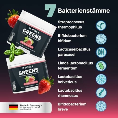 Vital Greens Nahrungsergänzungsmittel mit 7 Bakterienstämmen.